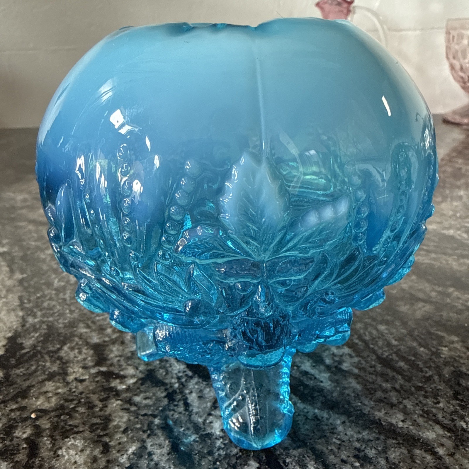 Vintage English Sowerby Blue Opal Piasa Bird Opalescent Glass Rose Bowl