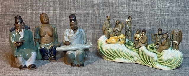 Chinese Mud Men 8 Immortals on Water Lilypad Display Figurine, Sculpture Ceramic