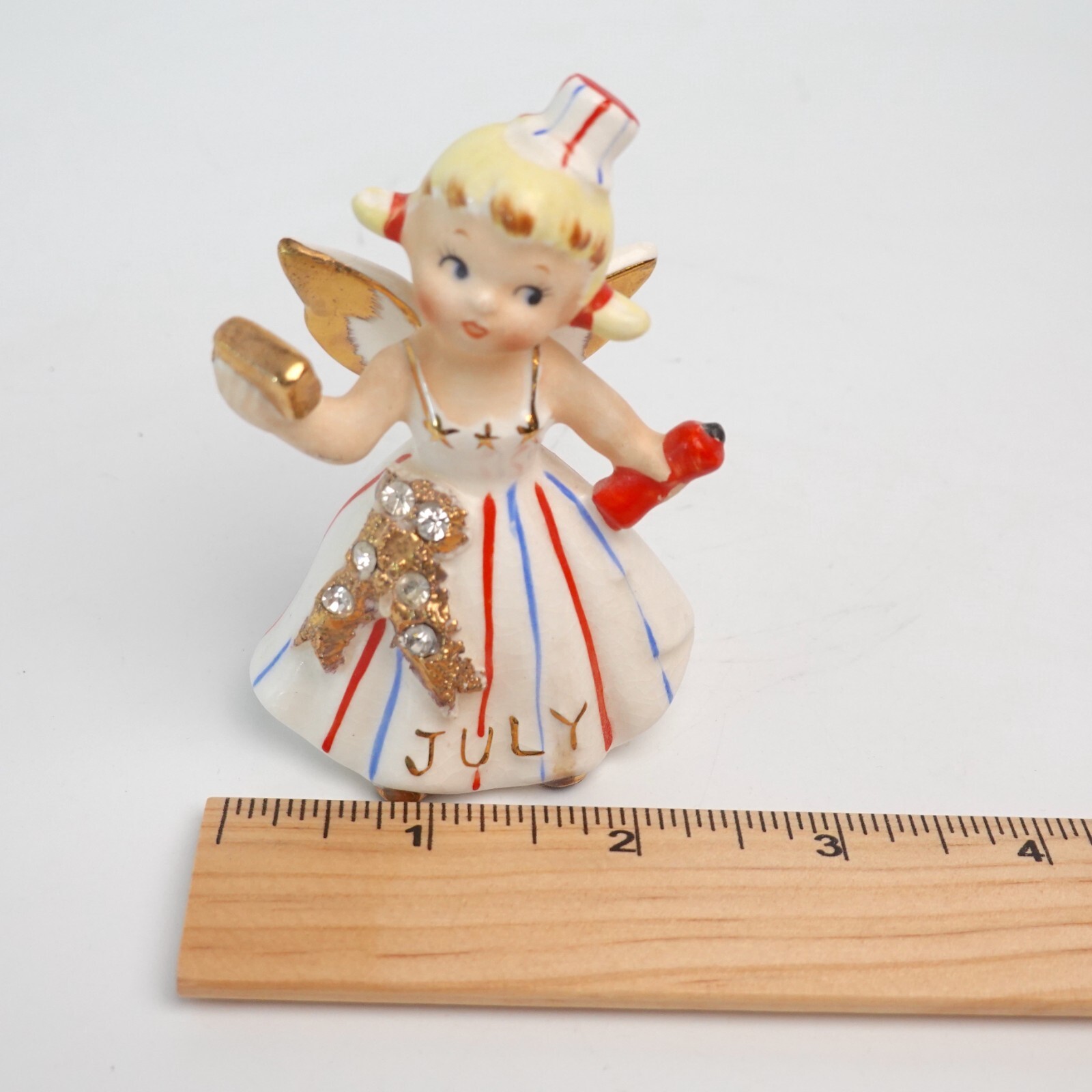 Lefton RARE SMALL SIZE 1957 July Angel with Red White Blue Firecracker READ 3.5″
