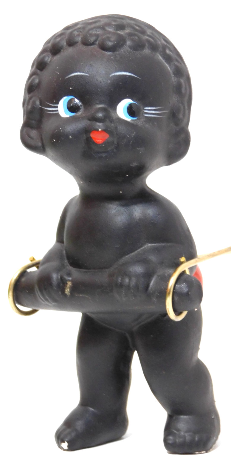 Vintage K.K. Originals Japan Ceramic Black Child Figurine Wire Fruit Cart READ