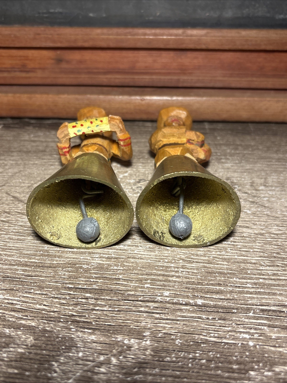 Vintage Brazil São Paulo Carved Painted Wooden Figure Metal Bell Folk Art Set D1