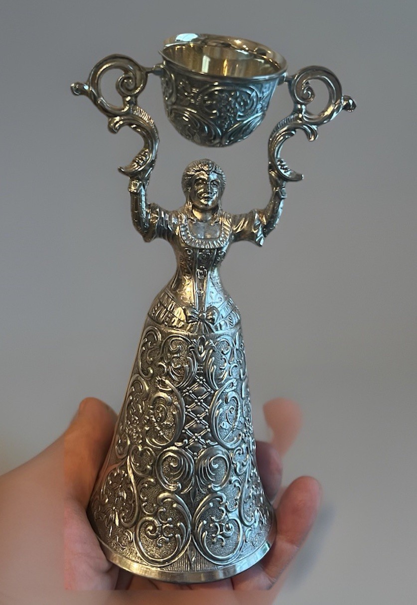 VTG Silverplate Bridal Lady Wedding Cup Goblet Swinging Chalice Pink Stone 7” H