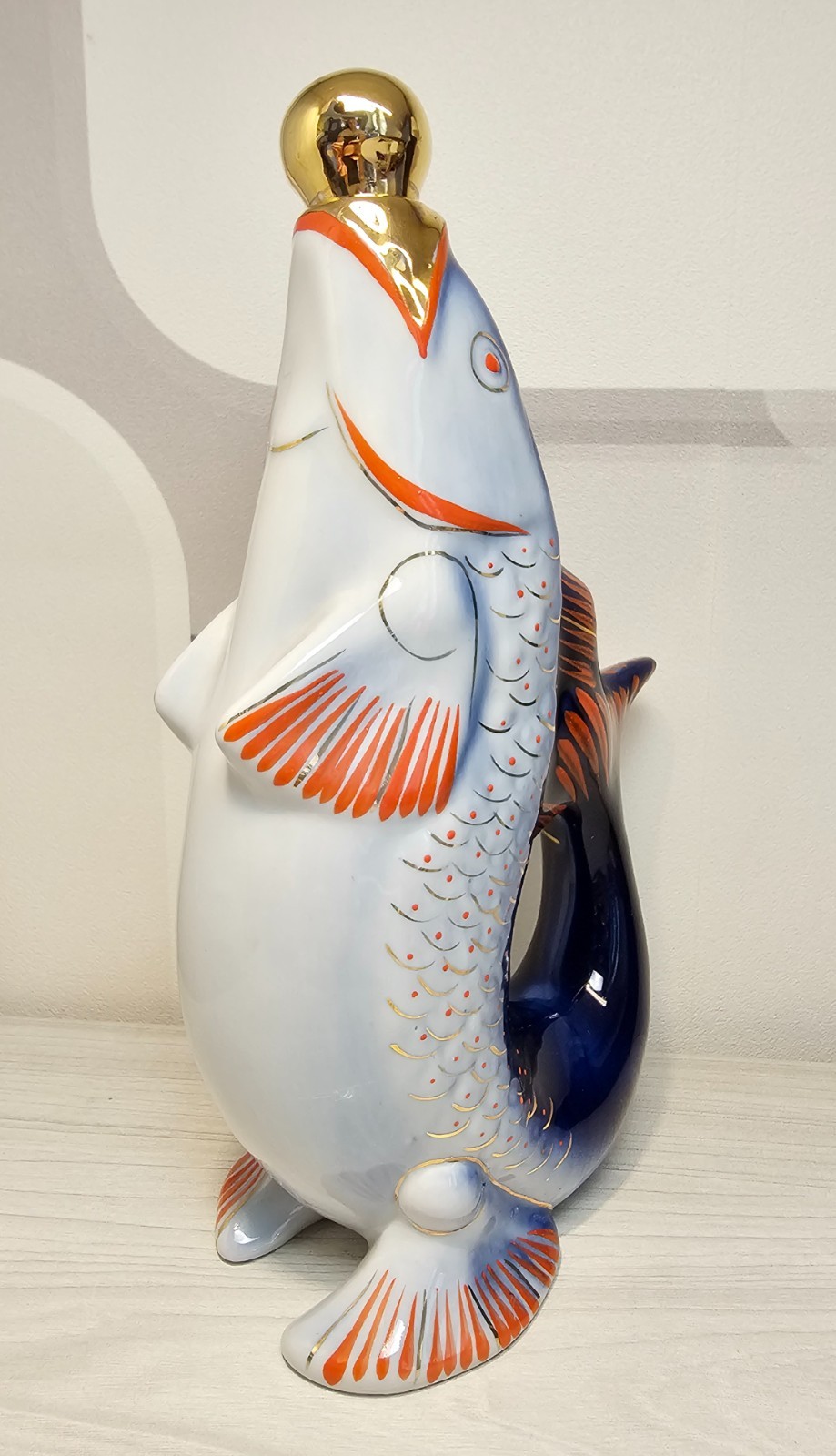 Soviet USSR Ukrainian Porcelain Fish Decanter and 8 Shot Glasses Polonnoye 700ml