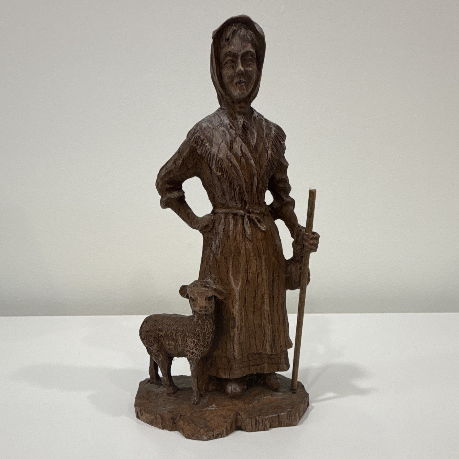 Hand-Carved Wood Woman with Sheep Figurine Rustic Brown People Animals Theme