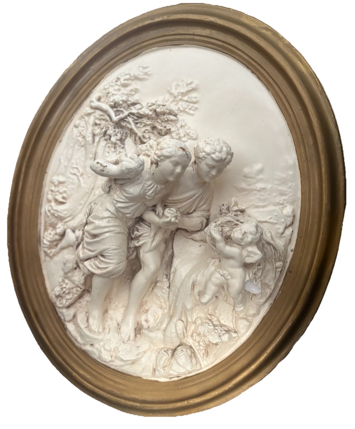 Handcrafted Oval Wall Relief Plaque in Antique White Gold Frame 15in x 11.5in