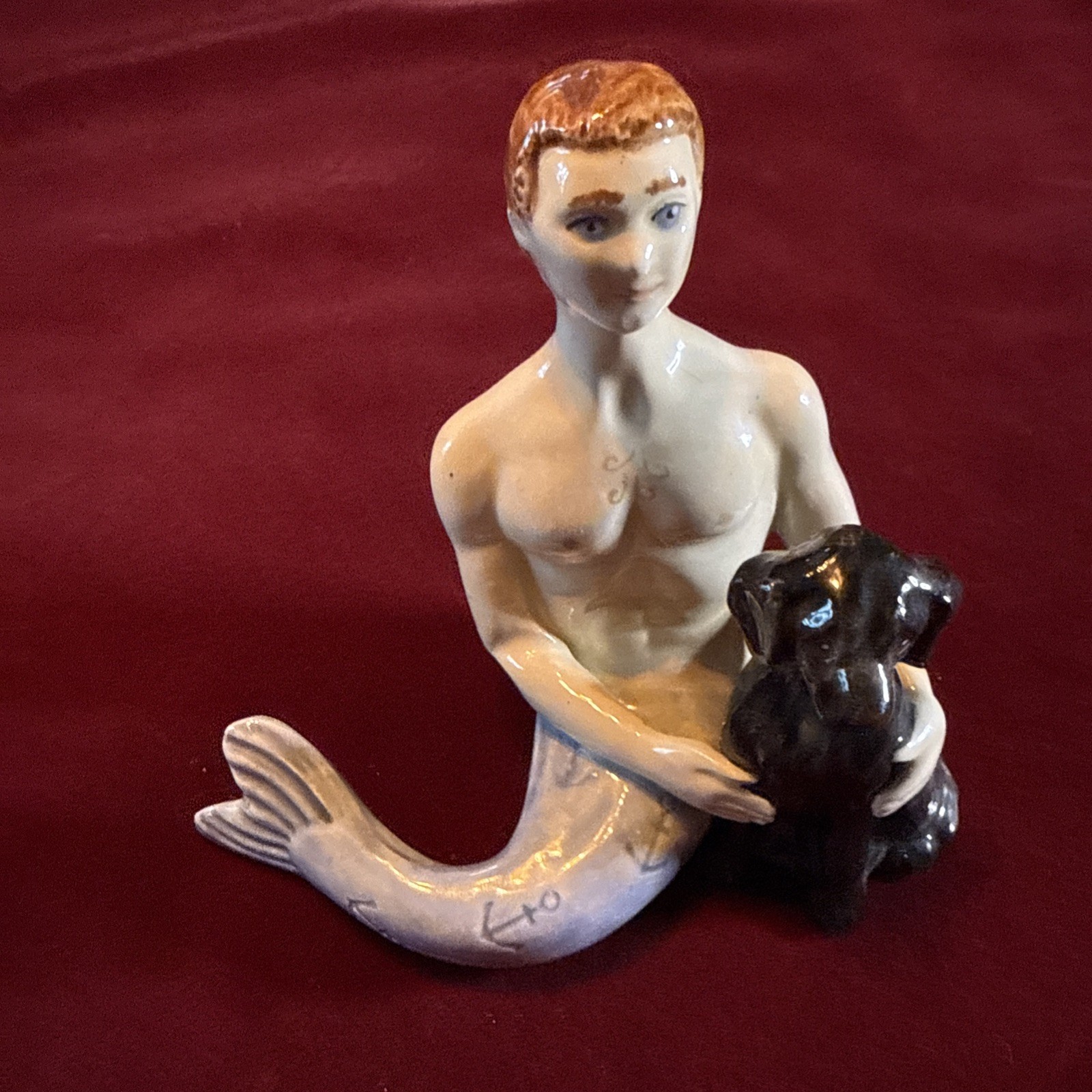 L Brecque Signed Ceramic Merman With Black Dog. 2002