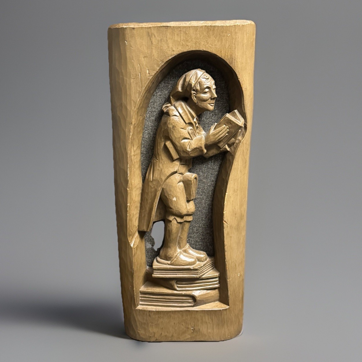 Wooden Hand Carved Man Reading Books Wall Art Relief Carving 23″ German Antique