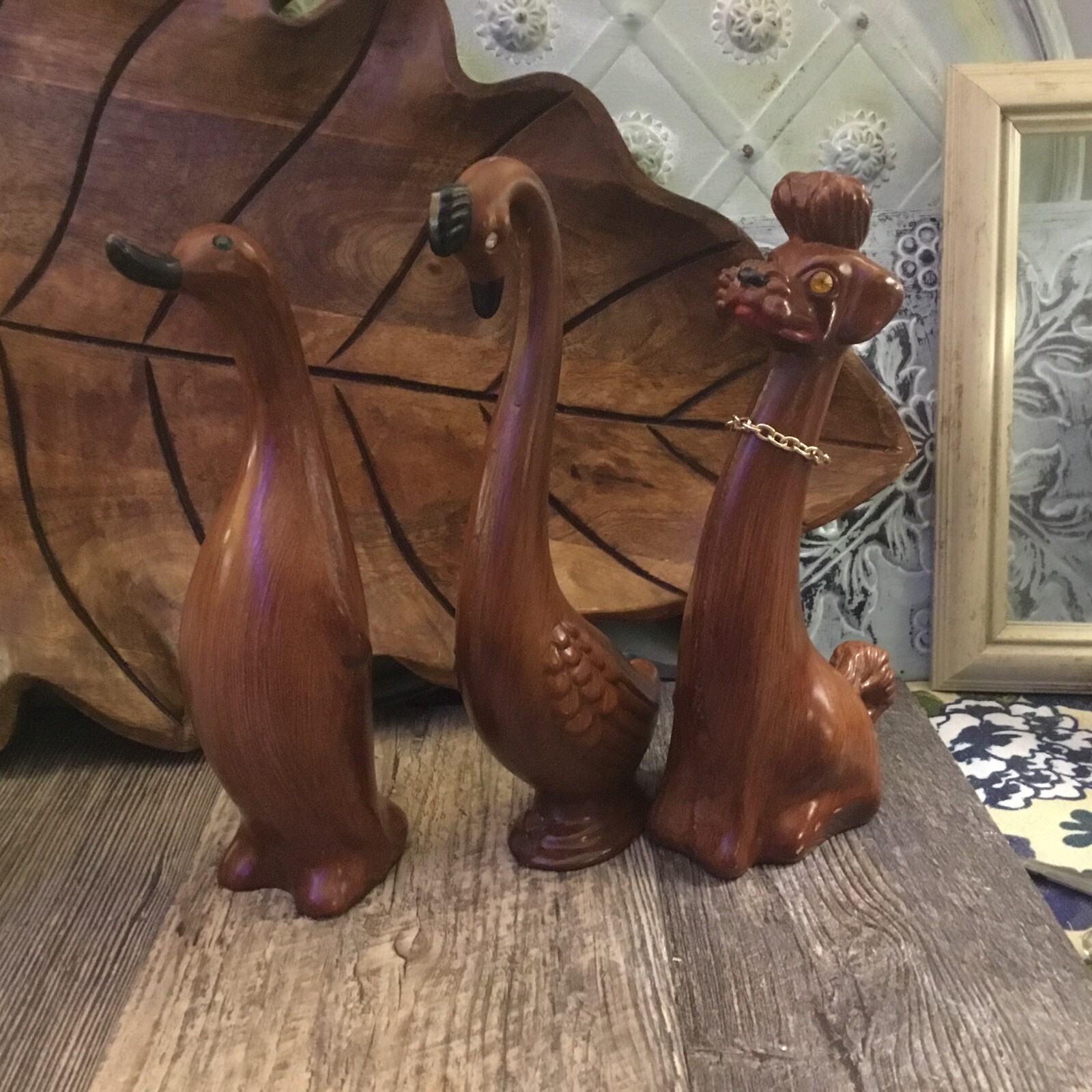 Trio MCM MID-CENTURY MODERN WOOD 1960’S POODLE Duck Swan FIGURINES Bohemian