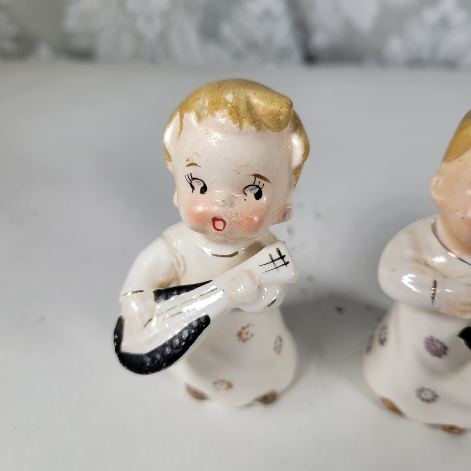 Two vintage musical boy angel figurines – gold gilded lute and harp made in Japa