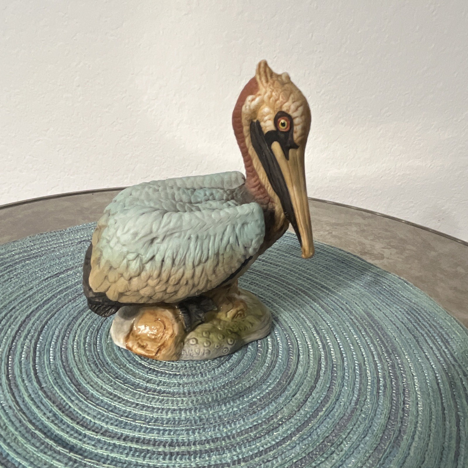 Ceramic Painted Pelican Figurine Blue Brown Beige Black Bird Animal Decor