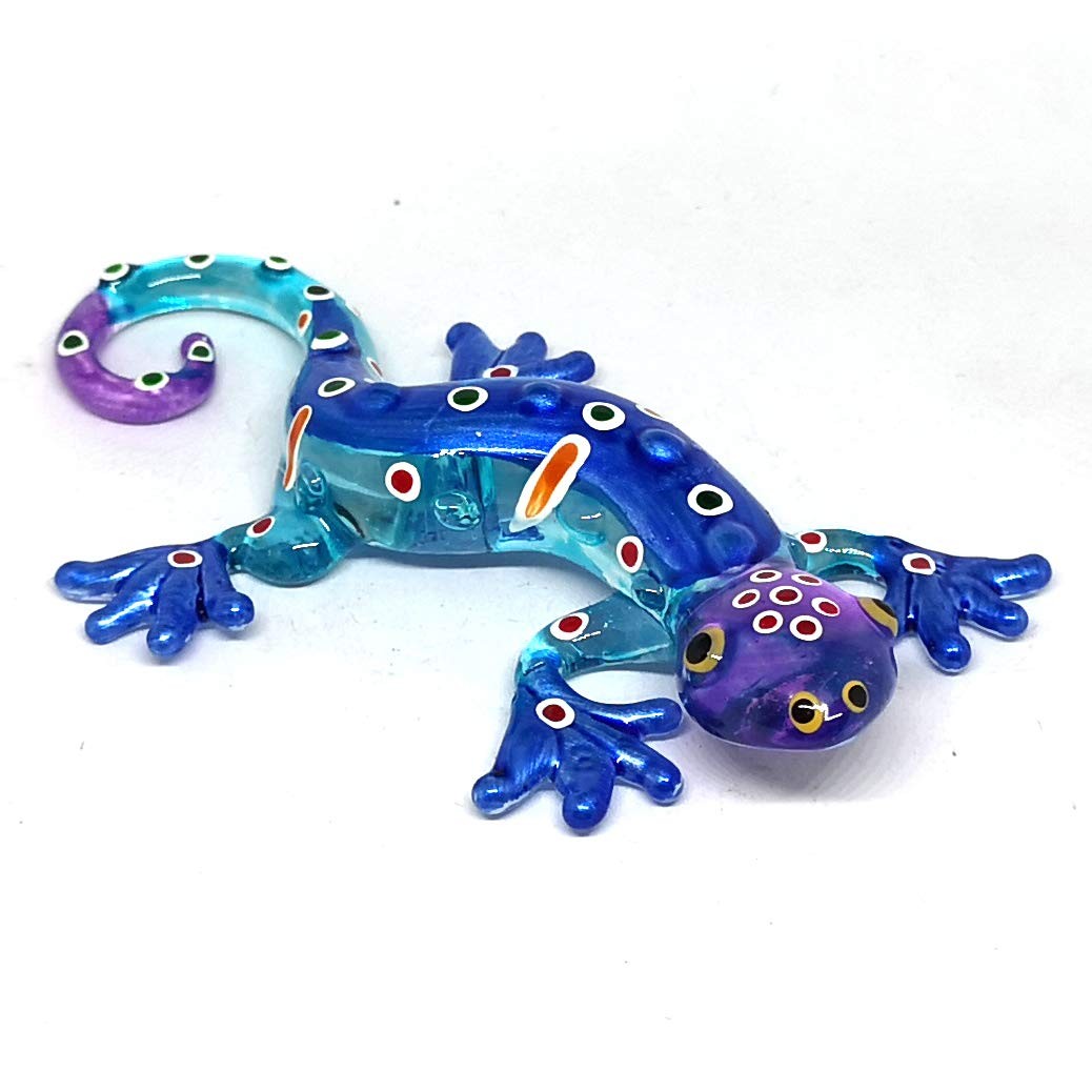 Glass Gecko Figurine Blue Miniature Hand Blown Lampwork Animal Statue Decor
