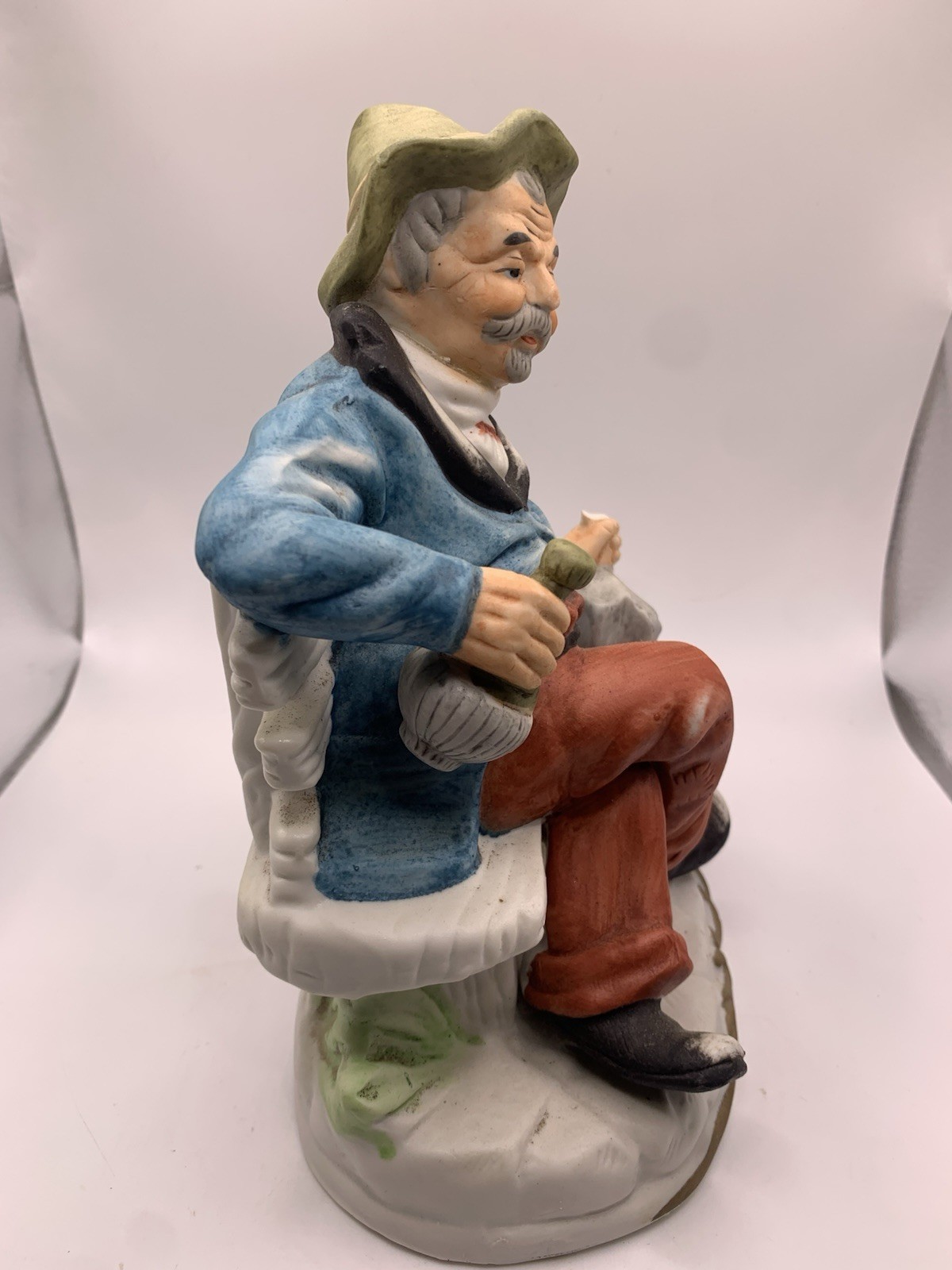 Vintage Old Man Figurine 8” Sitting on Bench with Bottle – Hand-Painted