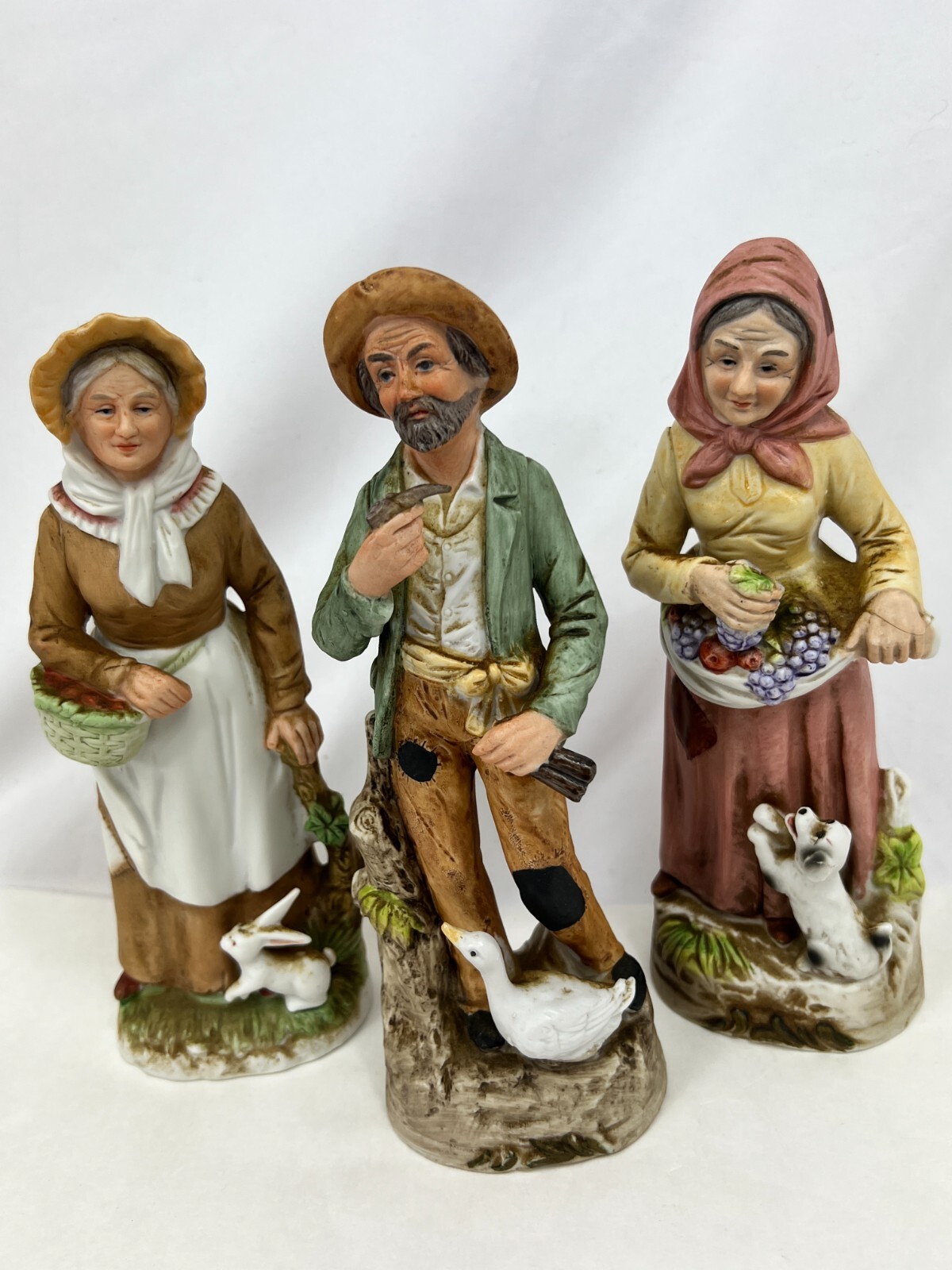 Set of 3 Vintage Homco 2 Women 1 Man, Grapes, dog, ducks Bisque Figurines