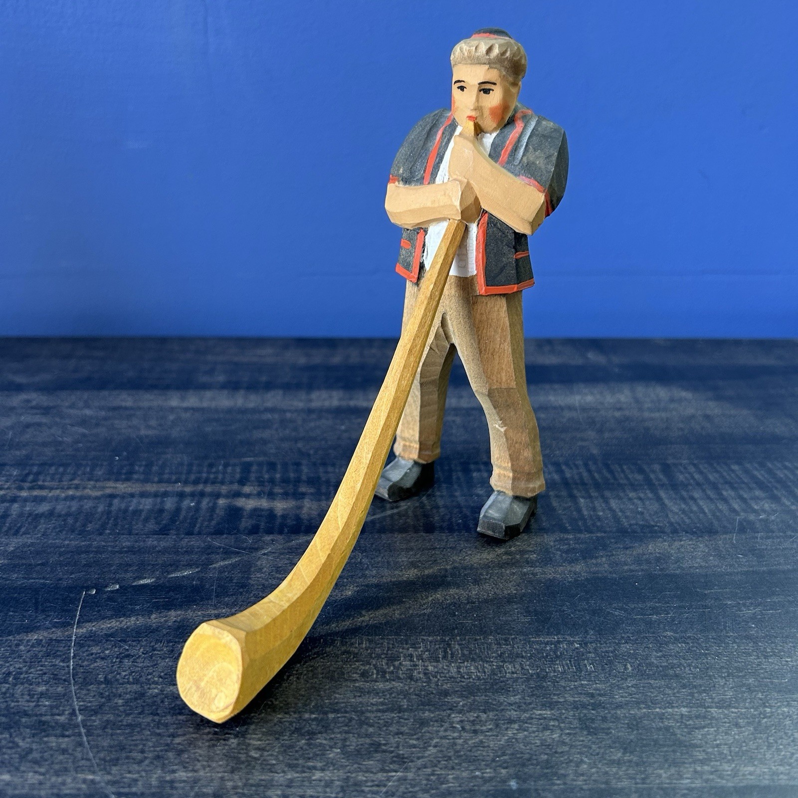 Vintage Hand Carved Wood Swiss Man Figurine Alphorn Player Switzerland Folk Art