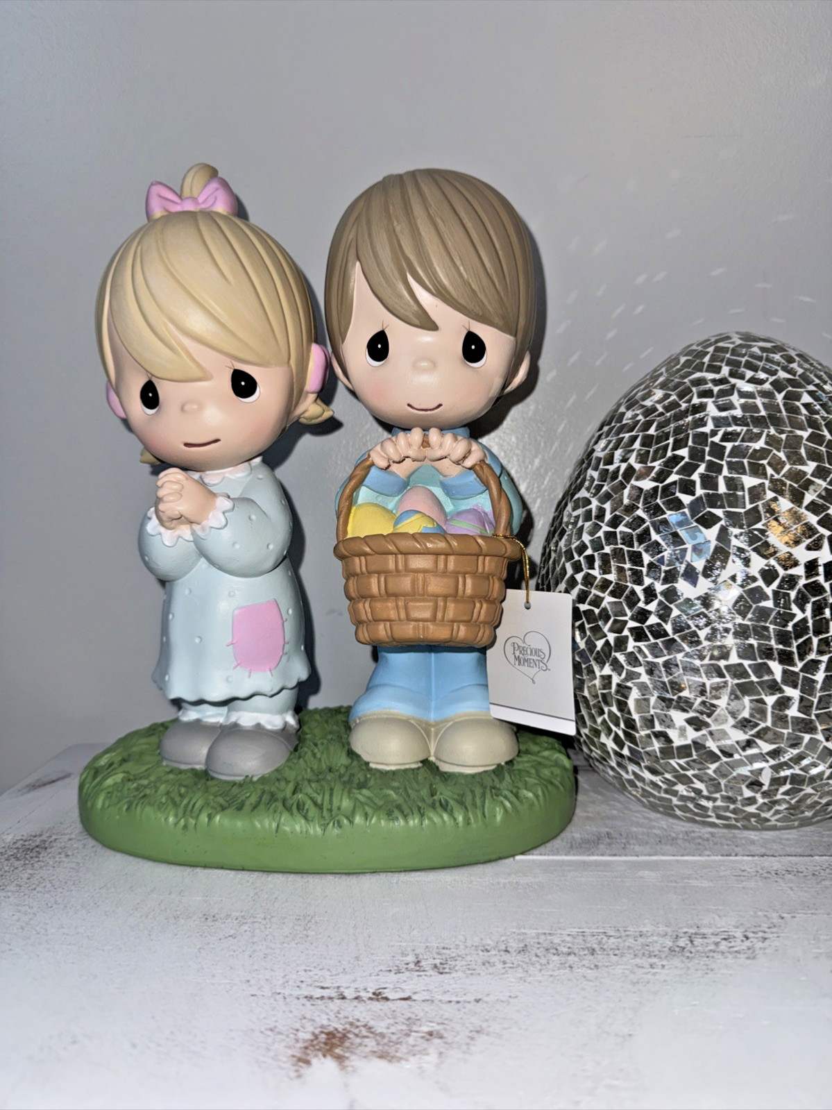 Precious Moments Boy & Girl Easter Figures W/ Easter Basket! 10 1/2 in. H HTF!