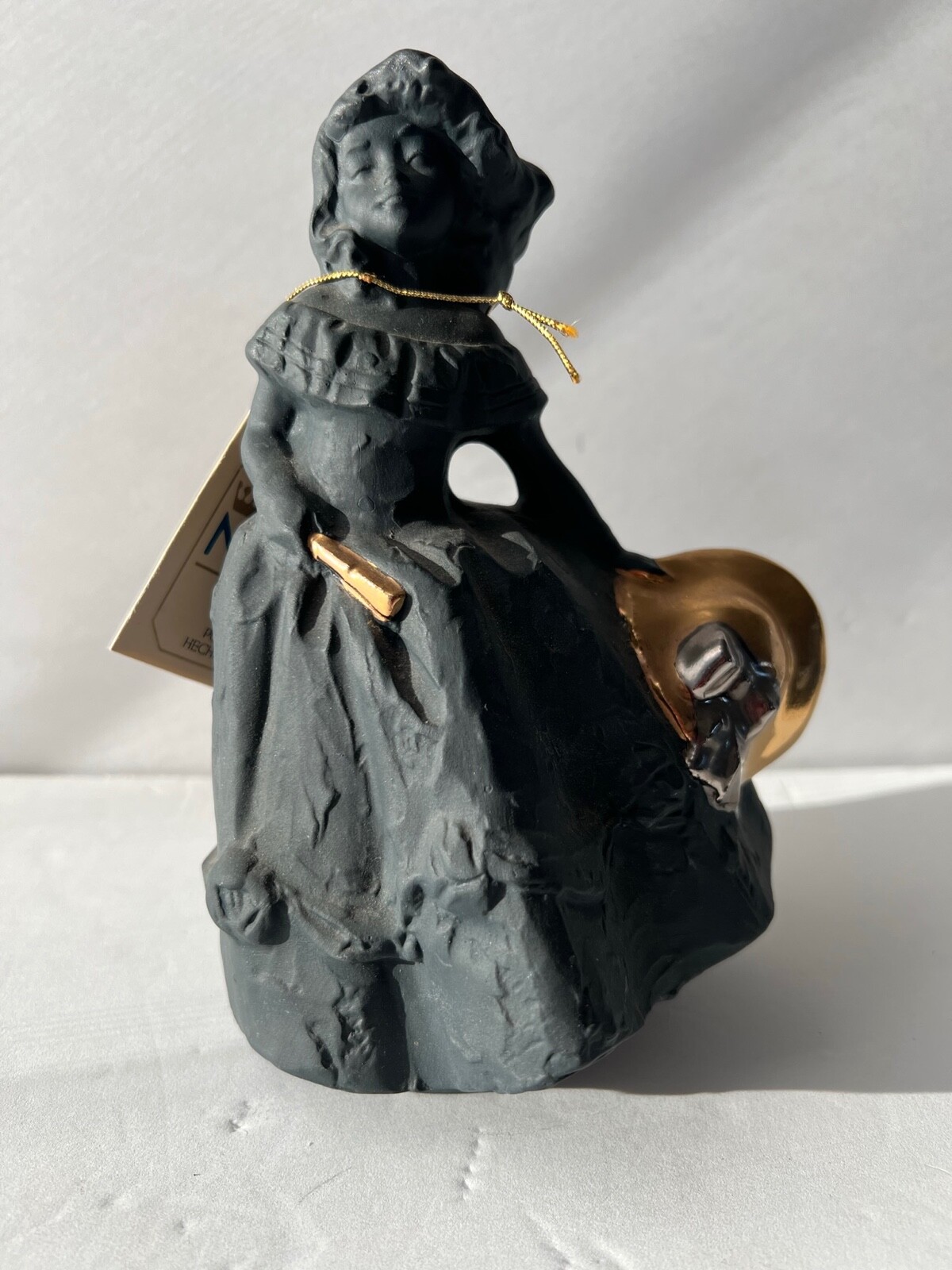 Nadal Porcelain Figurine Made in Spain Matte Black/Gold Girl w/Hat Rare