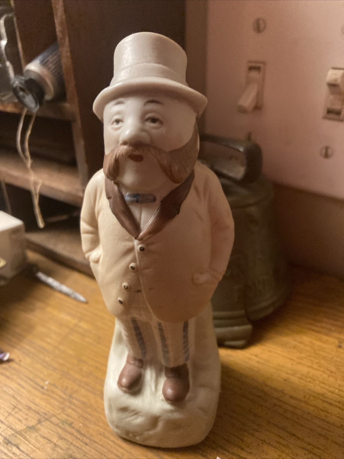 Antique Empty Bisque Porcelain Figure Bottle Of A Top Hat Bearded Man Germany