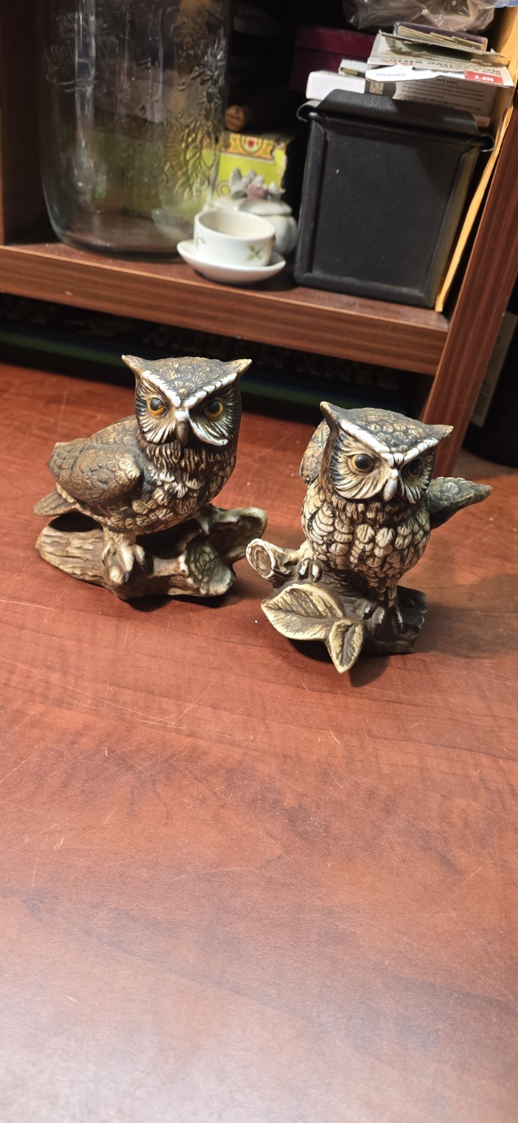 Vintage 1970s 1980s Pair Porcelain Owl Figurines Home Interiors HOMCO 1114 NOS