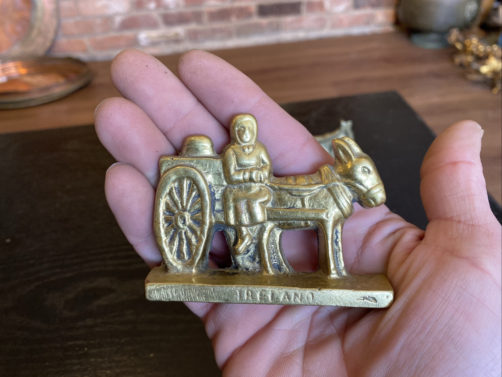 2 Vintage Miniature Brass Doorstop Figures Milk Maid & Man Donkey Carts, Ireland