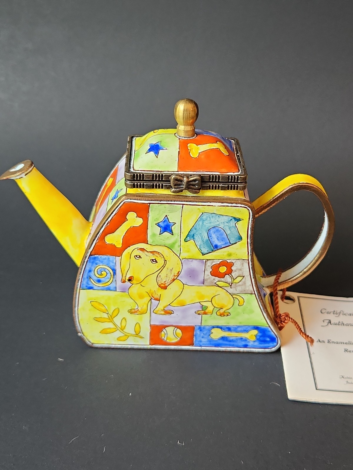 Kelvin Chen Miniature Enamel Copper Decorative Teapot Dachshund Dog “Puppy’s…