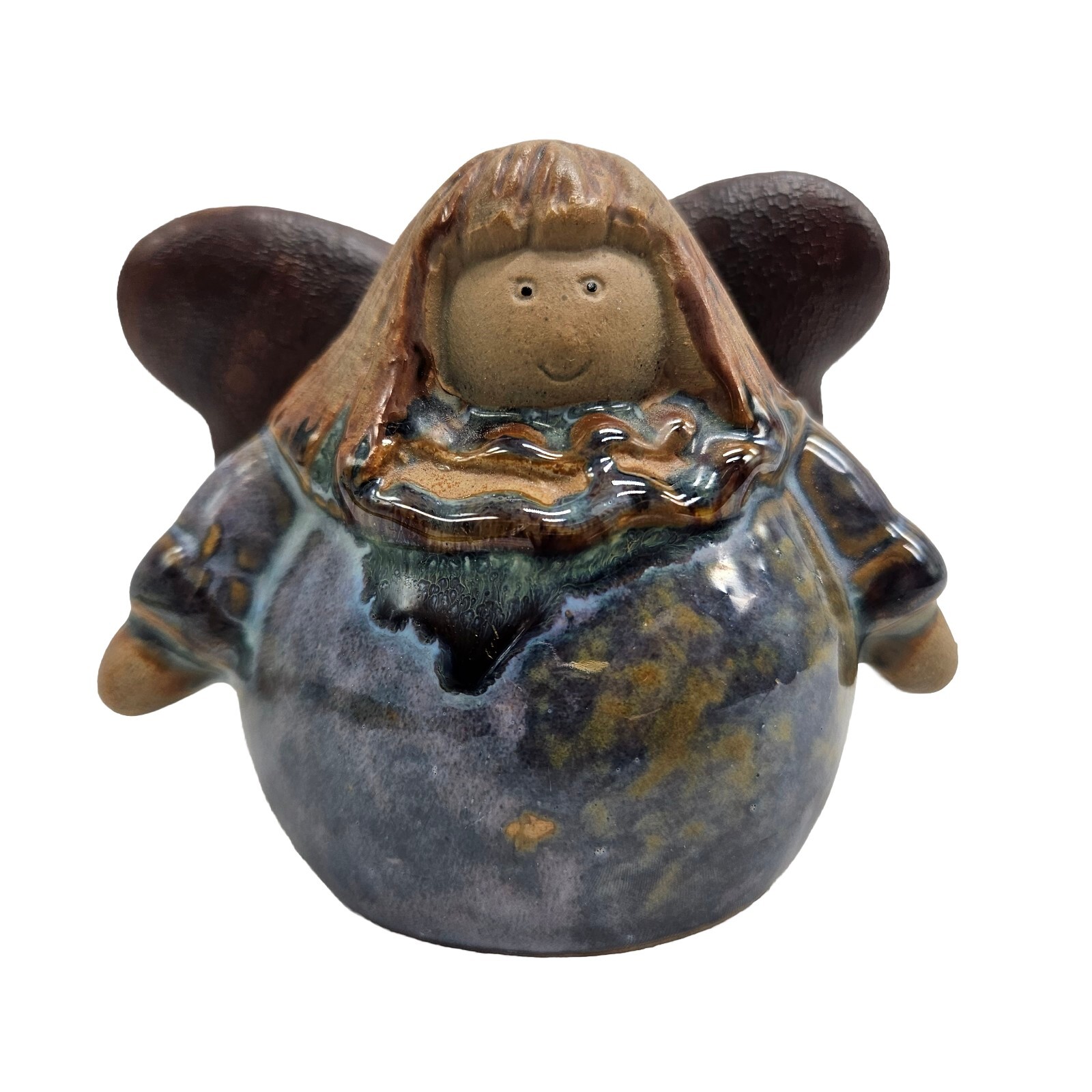 Angel Figurines Glazed Ceramic Stoneware, Roly Poly, Textured Wings, Trans Pac