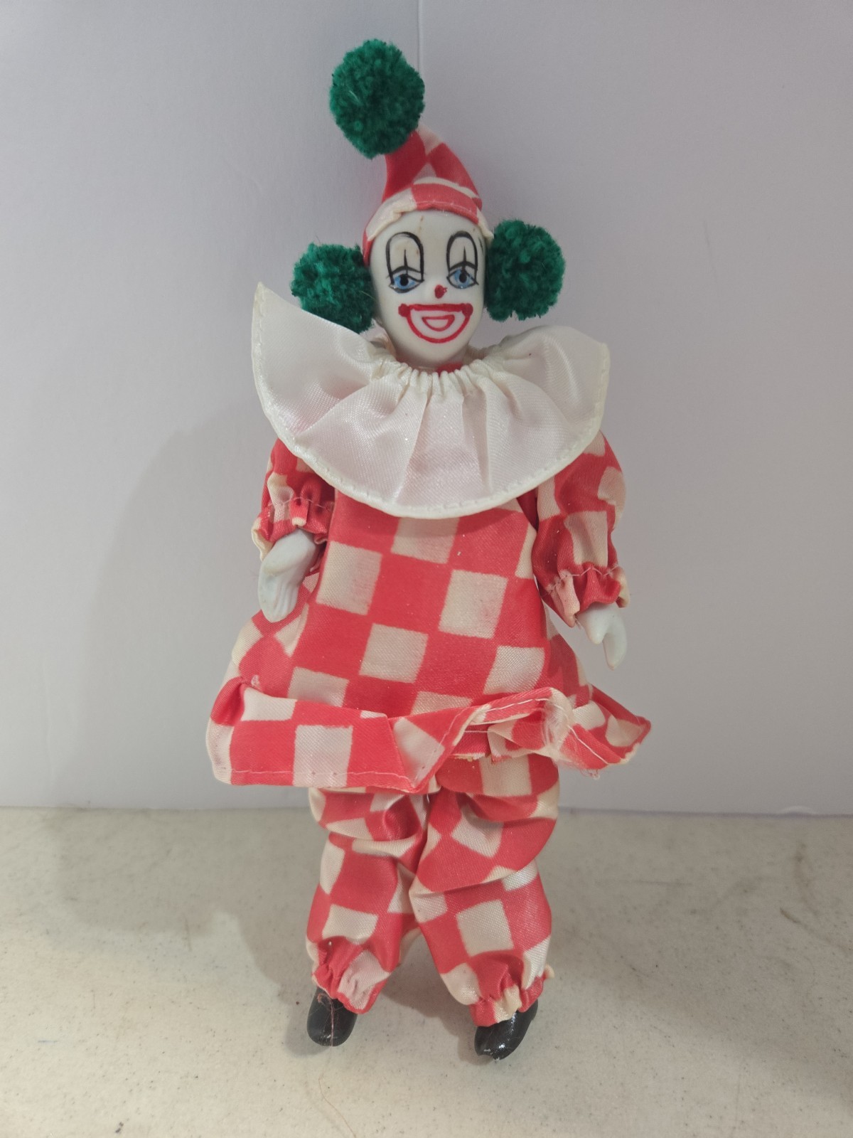 Clown Doll Red & White & Hat Ceramic Face Hands & Feet Vintage Collectible 7″