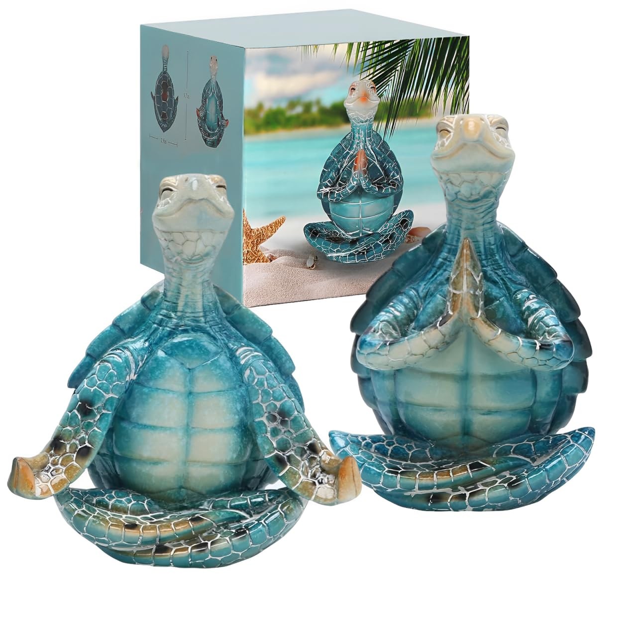 Set of 2 Sea Turtle Yoga Figurines – Summer Meditating Turtle Decor for Sprin…