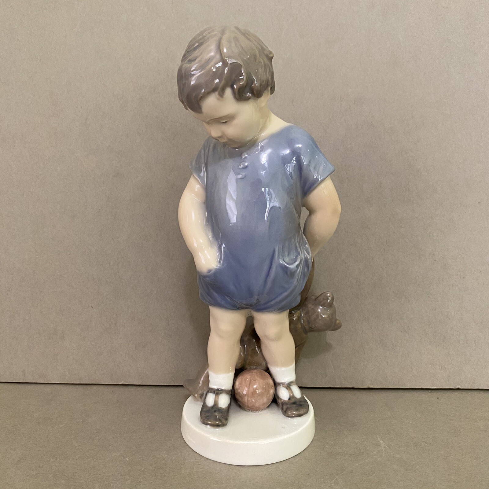 Royal Copenhagen Young Boy w/ Teddy Bear & Ball Figurine 3468 ~ Made in Denmark