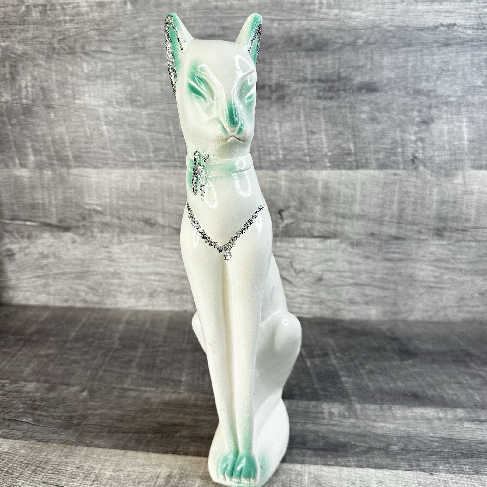Vintage NOS Chalkware Siamese Cat Bank Glitter Carnival Prize White Mid Century