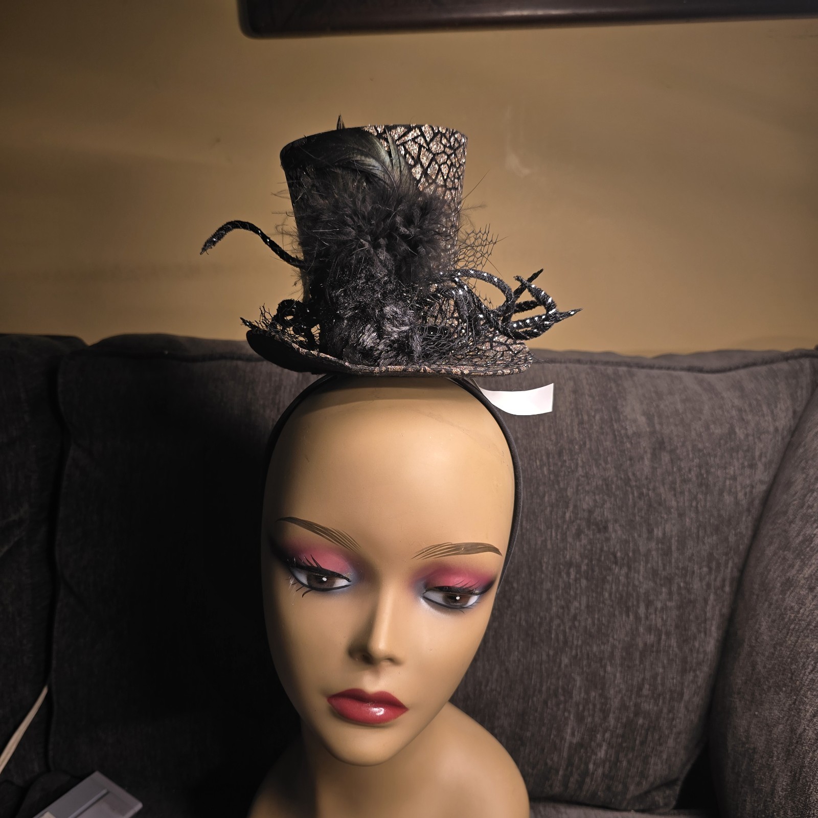 Rose Gold Black Metallic Mini Top Hat Headband Feathers Fascinator Costume