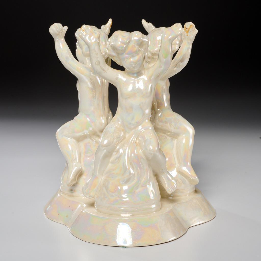 Ceramic Cherub Putti Iridescent Pedestal For Bowl Plate Vintage Plant Stand