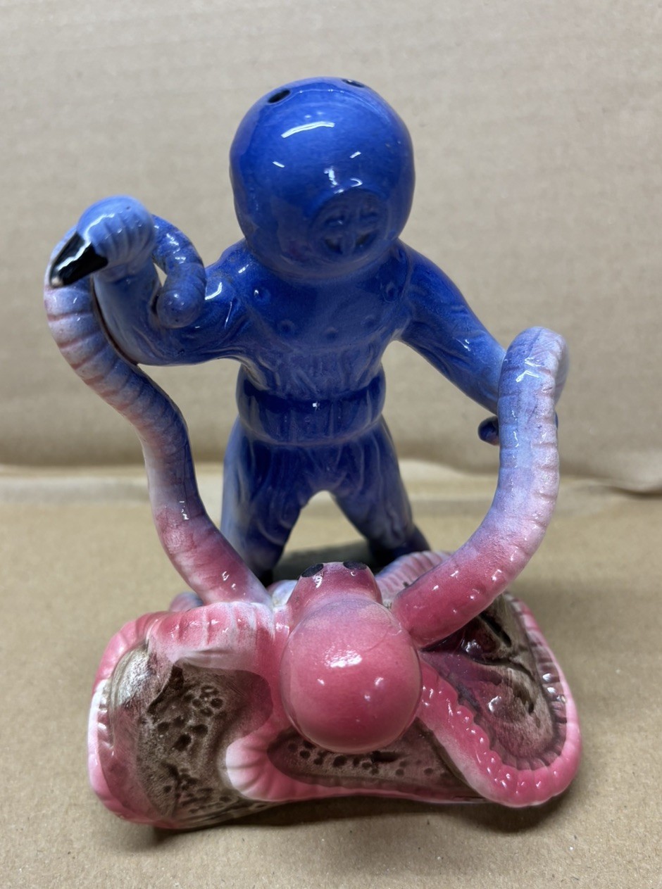 Vintage Ceramic Octopus Deep Sea Diver Tank Figurine Cobalt Blue 50s Nautical