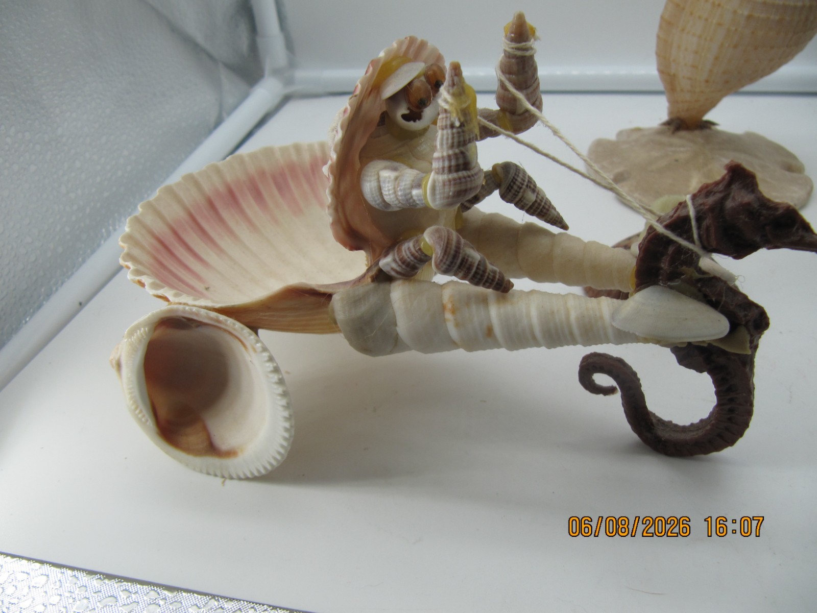 Set of 4 Vintage Seashell Art Figurines 2 Owls, 1 Chariot & 1 Frog