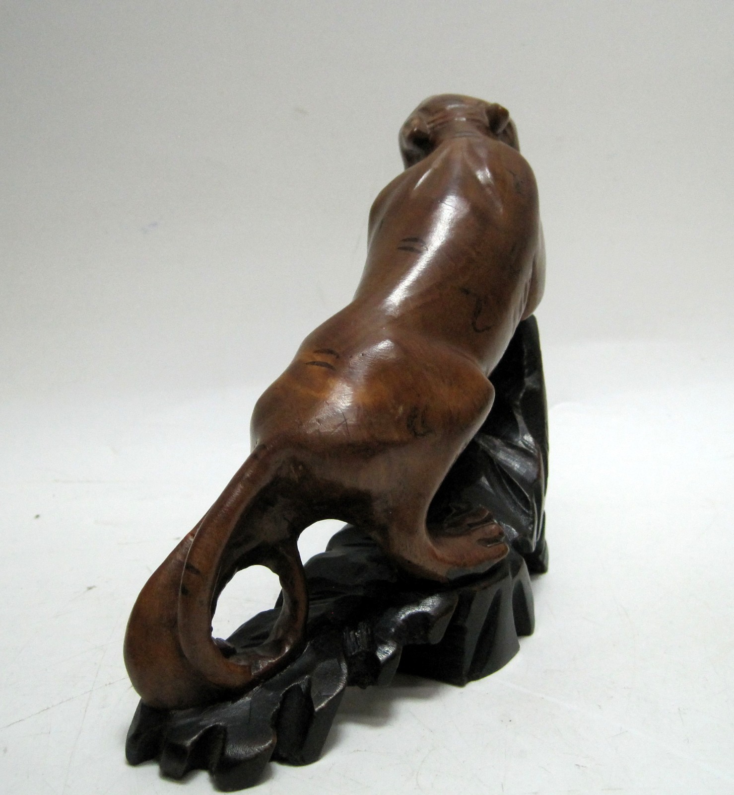Antique Wood Carved Chinese Tigers Statue Redwood Vintage Glass Eyes Asian RARE