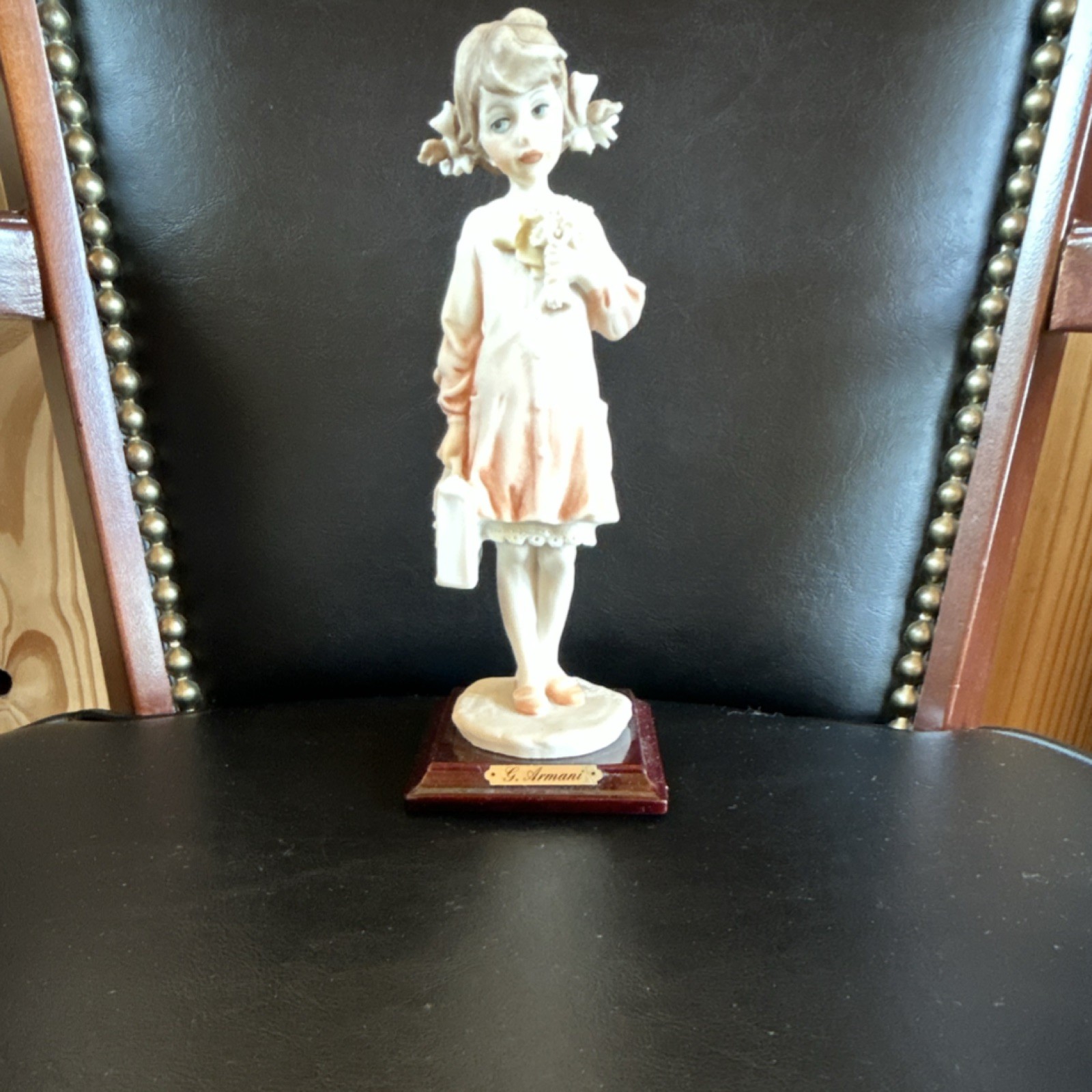 G. Armani Porcelain Girl Figurine with Flowers, Wooden Base, Italian, Signed