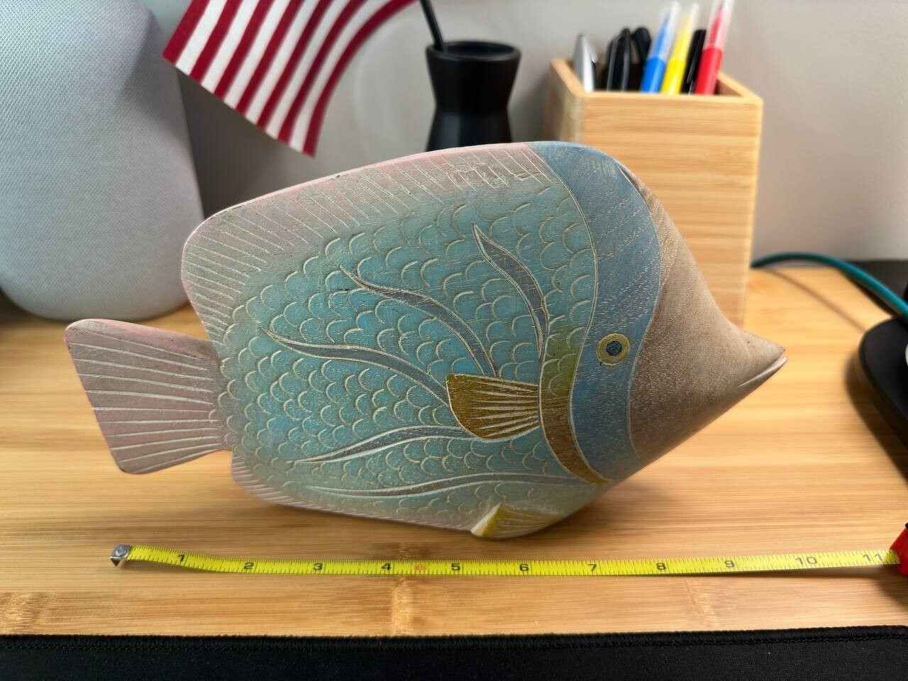 Vintage 1980s Teakwood Tropical Fish Sculpture Painted in Pastel