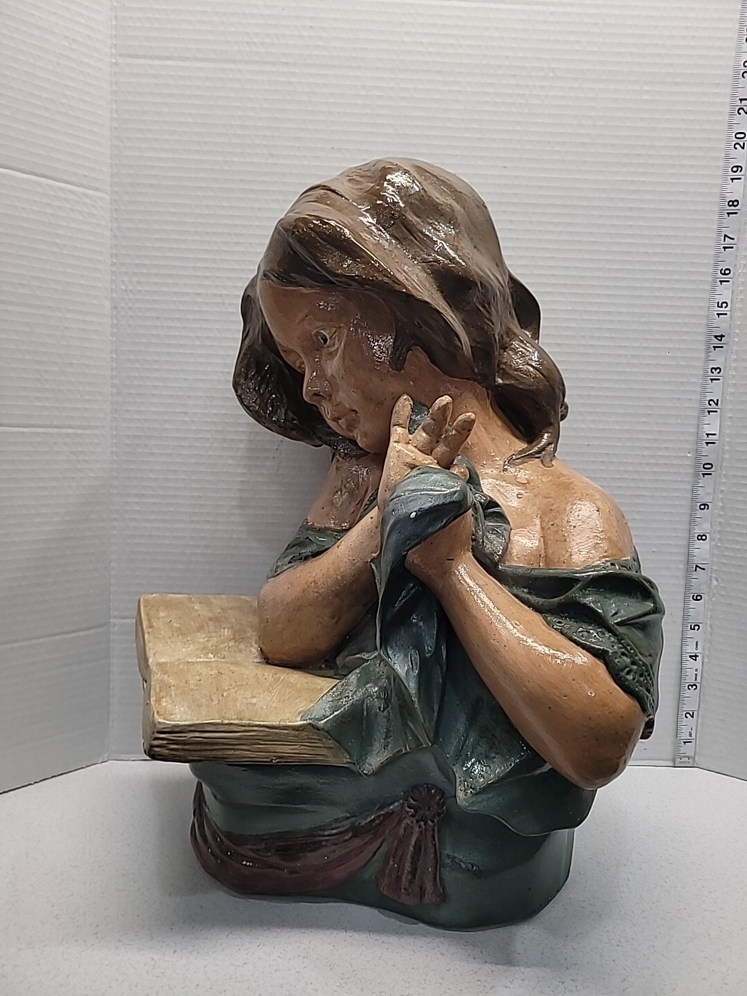Chalkware Plaster Girl Reading Book Sculpture Vintage 18.5” Tall Hand Painted