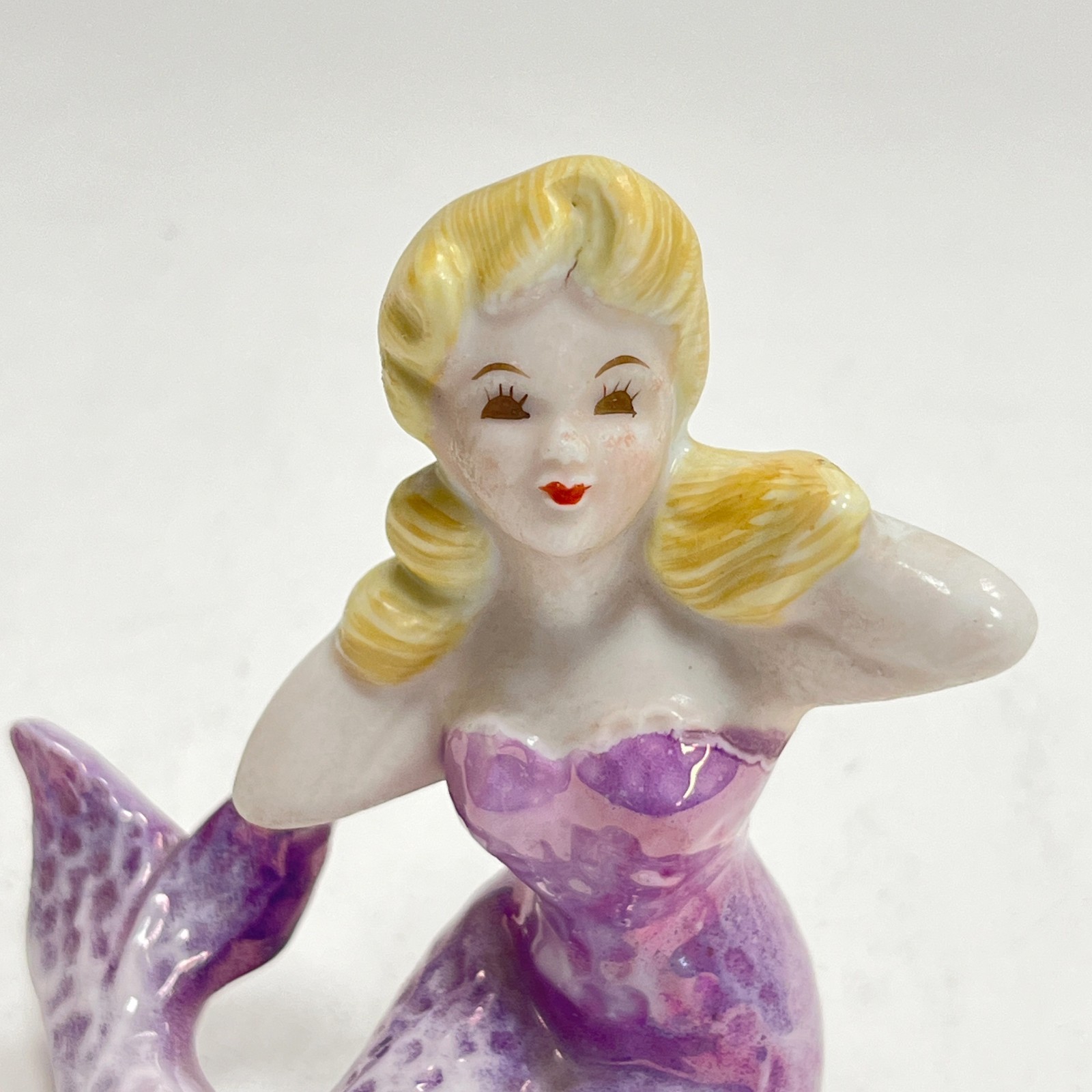 Merrymaid Mermaid Blonde Figurine Purple Dress Sitting 3.5″ Tall