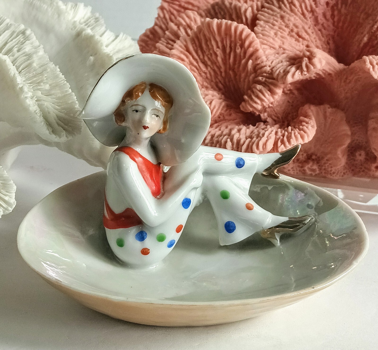 Fasold Stauch Porcelain Trinket Dish Nautical Lady Beach Shell Art Deco Vintage