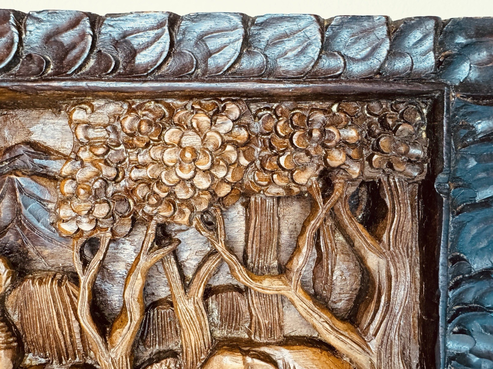 Vintage Thailand Elephants Scene Hand Carved Teak Wood Wall Hanging Art
