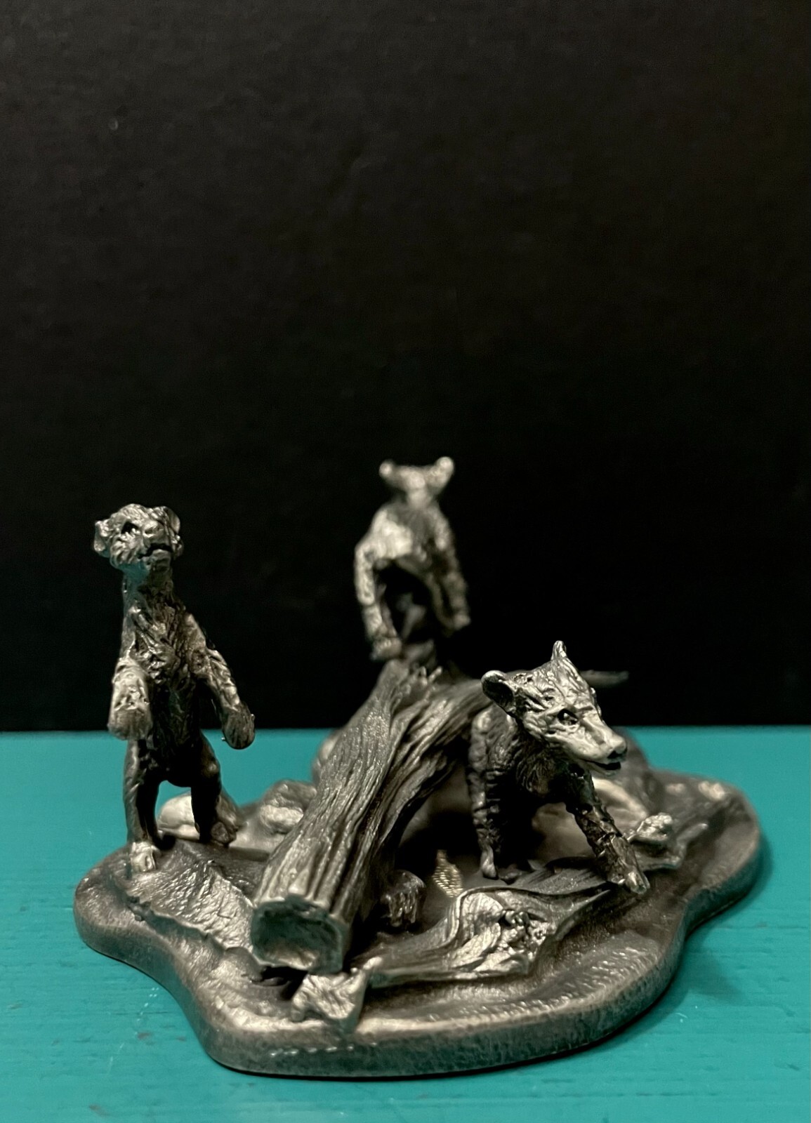 Pewter Three Bears Cubs Forest Tree Logs Wildlife Animals Diorama Art Figurine