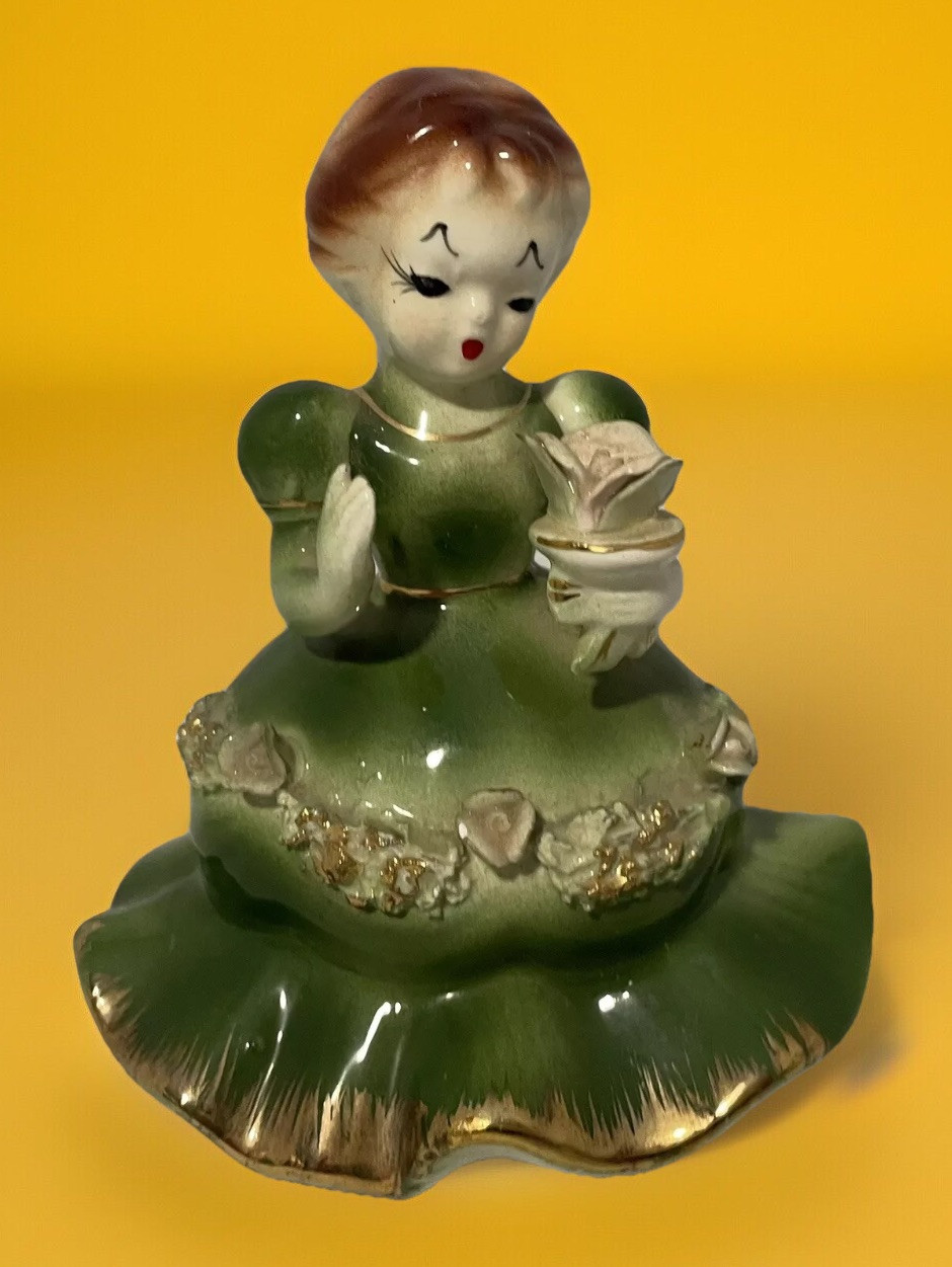 Vintage Japan Ceramic Lady Green Dress Trimmed in Gold and Roses Figurine 4 In