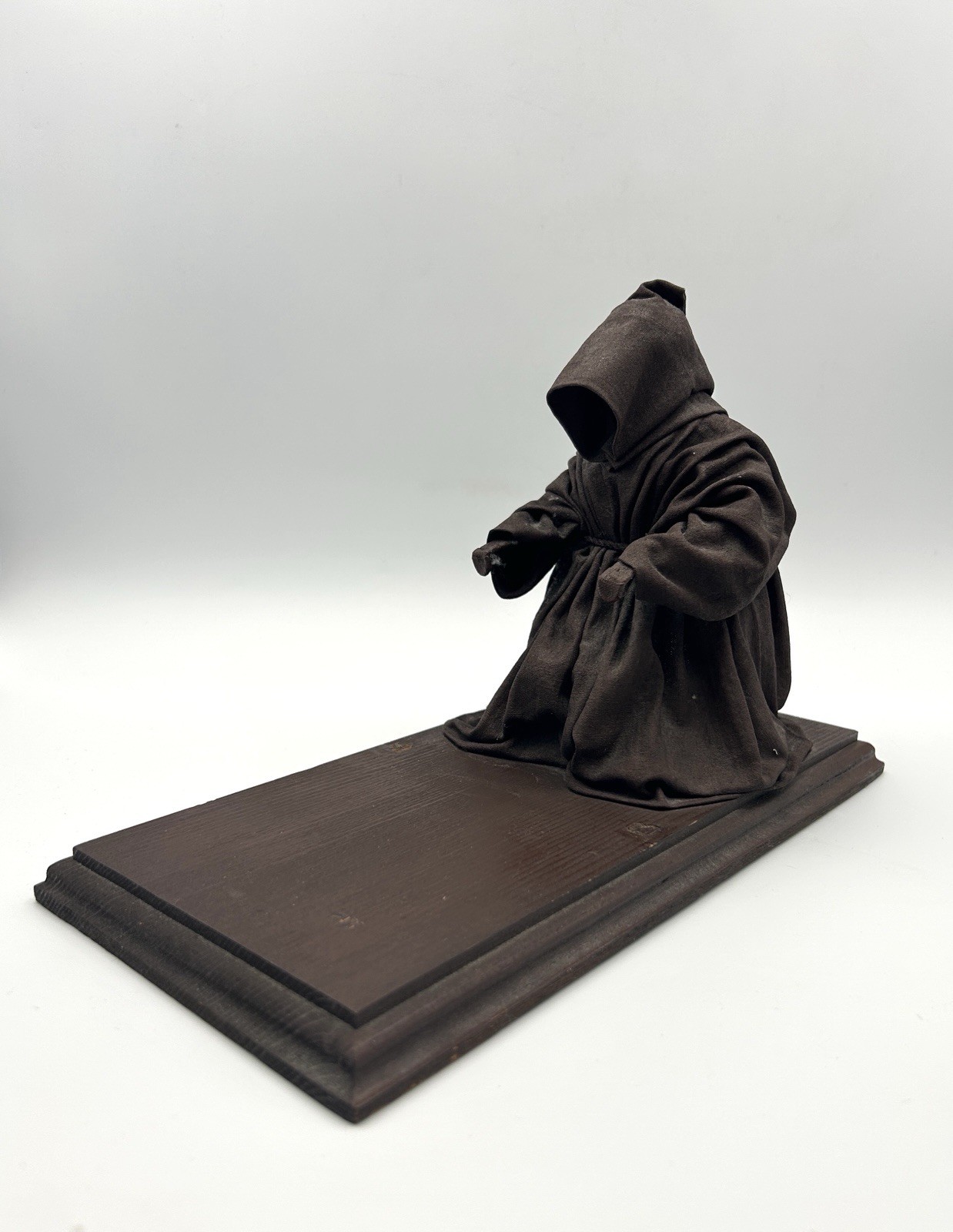 Vintage Primitive Fabric Mache Hooded Monk Figurine on Wooden Base Faceless