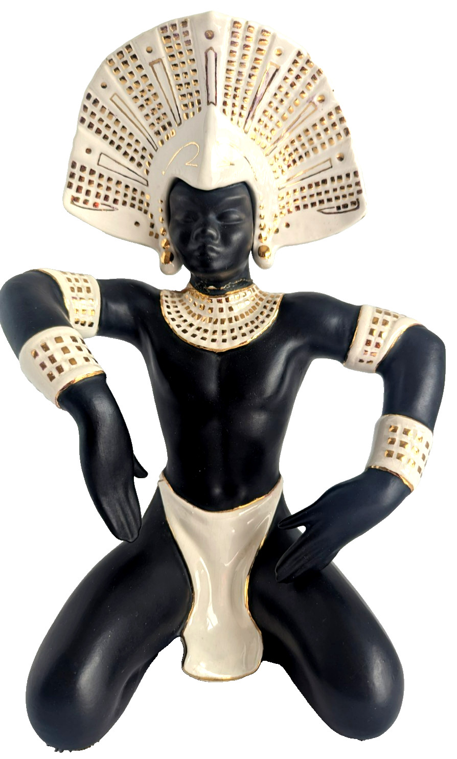 Vintage MCM Nubian Dancer Ceramic Figurines Pair Black Gold Man Repaired 12.5in