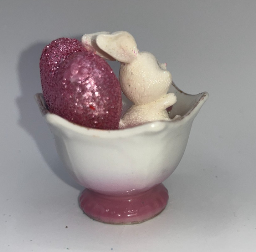 Vintage Valentine’s Day Miniature Bunny in Teacup w/ Pixie & Glitter Heart OOAK