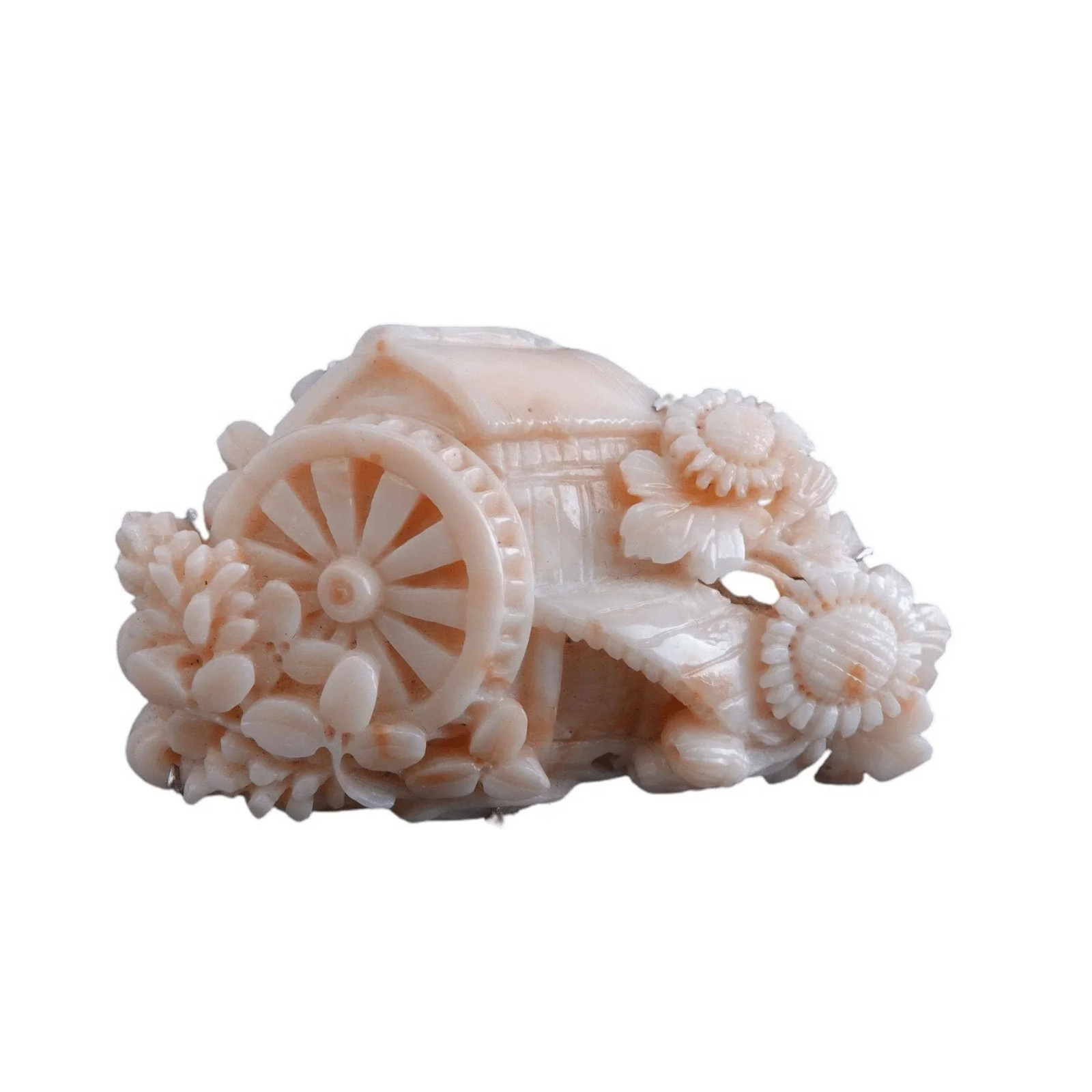 Antique chinoisiere 18k white gold carved coral watermill with peony flowers j.