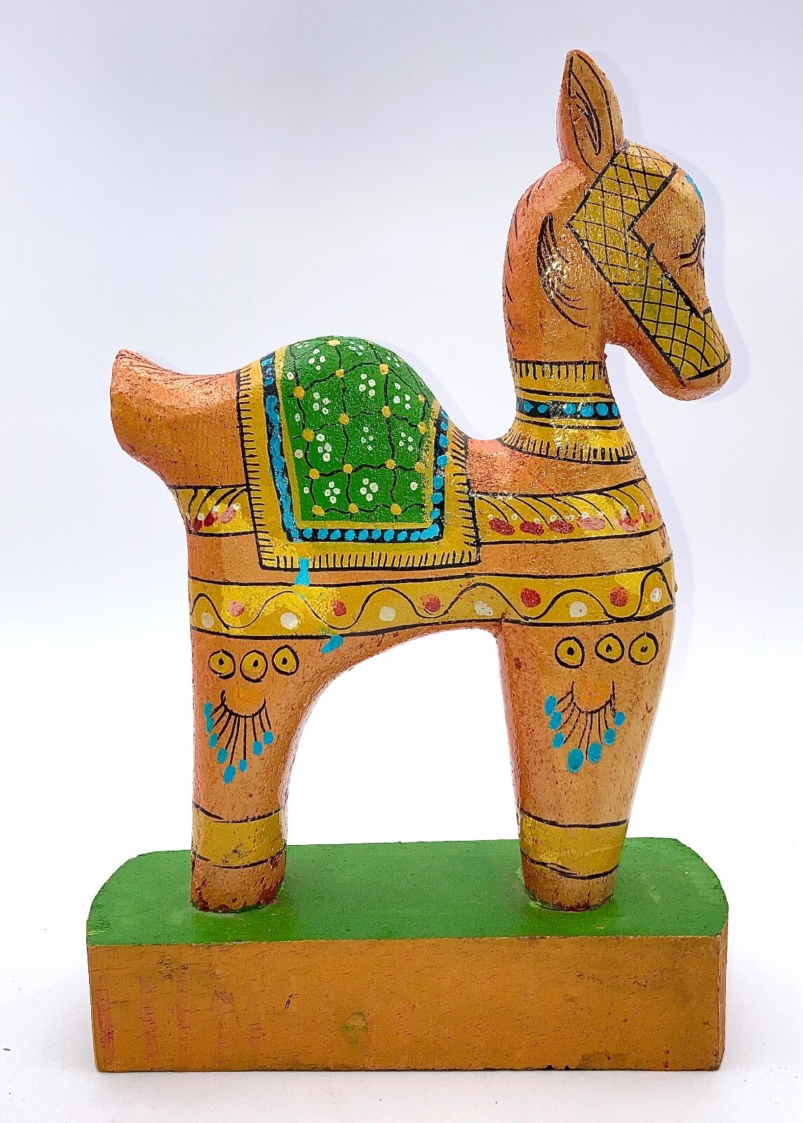 Folk Art Camel Hand Carved and Painted Orange Made in India 10 1/2″ T x 9″ L