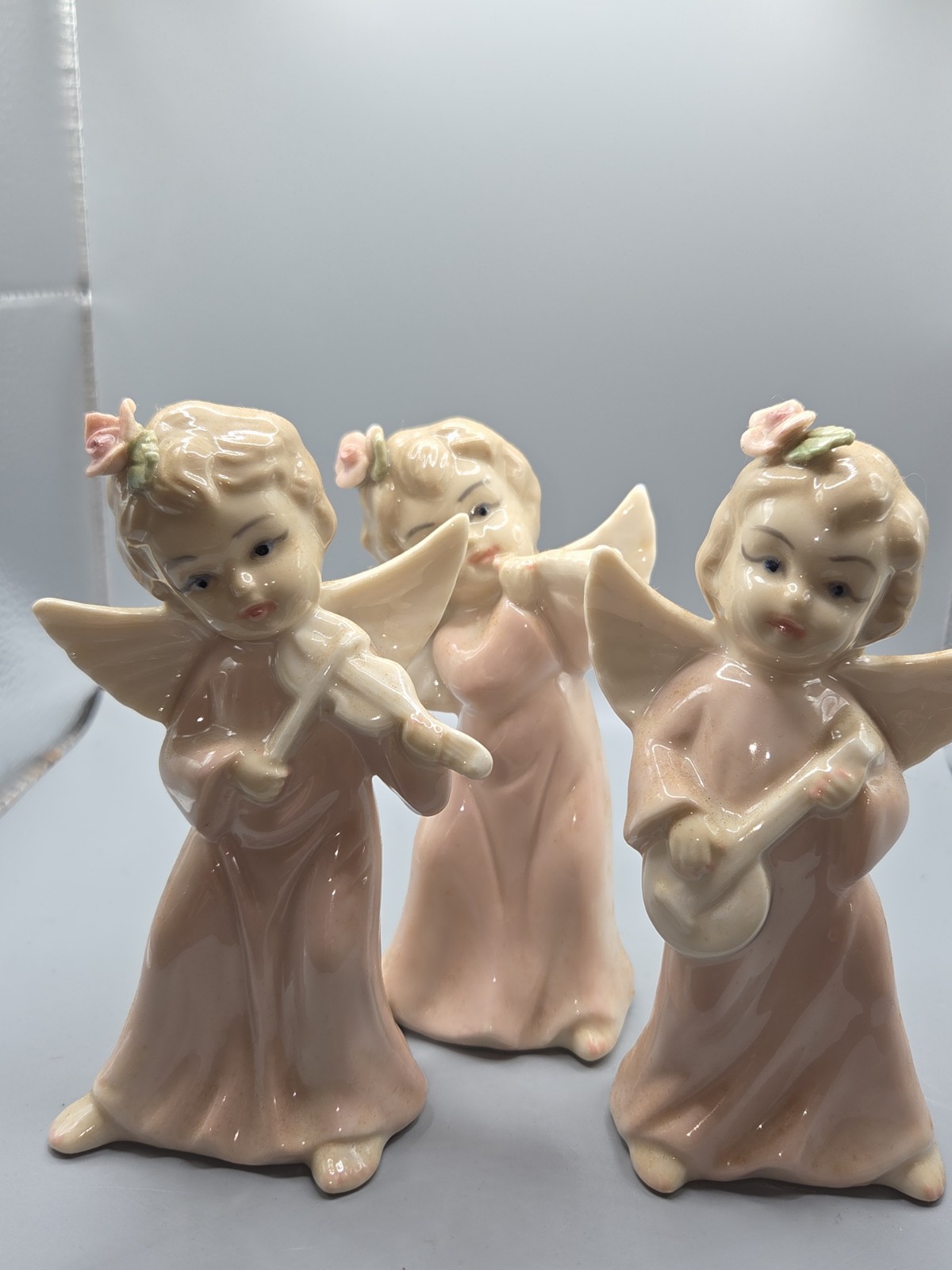 Vtg Lot Lefton? Cherub Girls Angels Singing/ Playing Music Figurines 1950s Trio