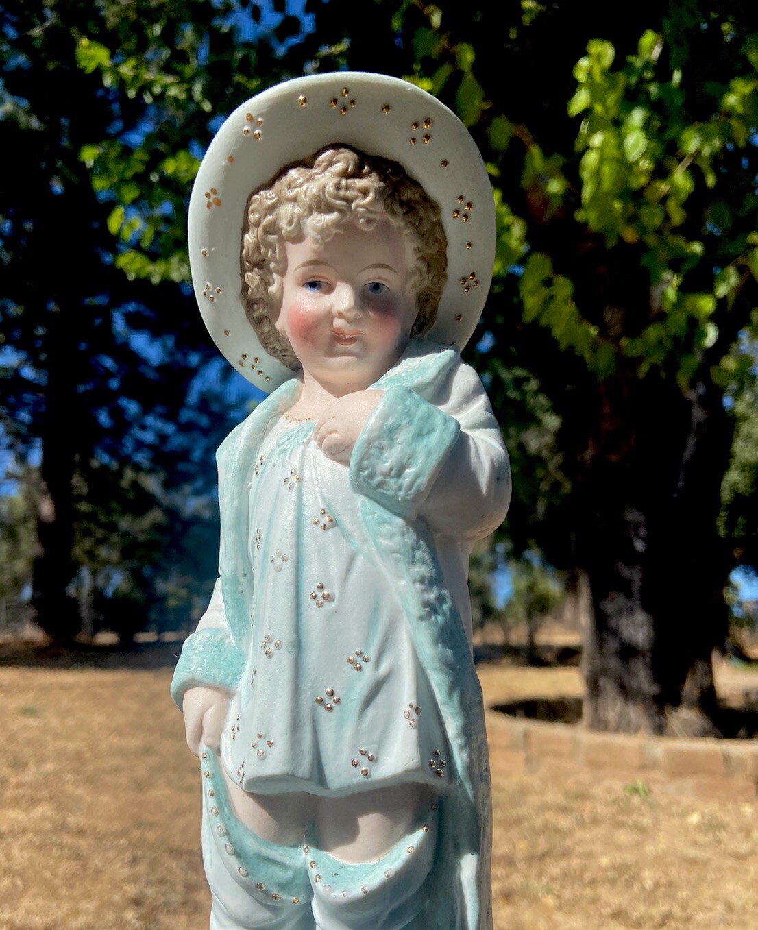 ANTIQUE GERMAN BISQUE BOY FIGURINE W/TOP HAT & FANCY CLOTHES 10.5 In