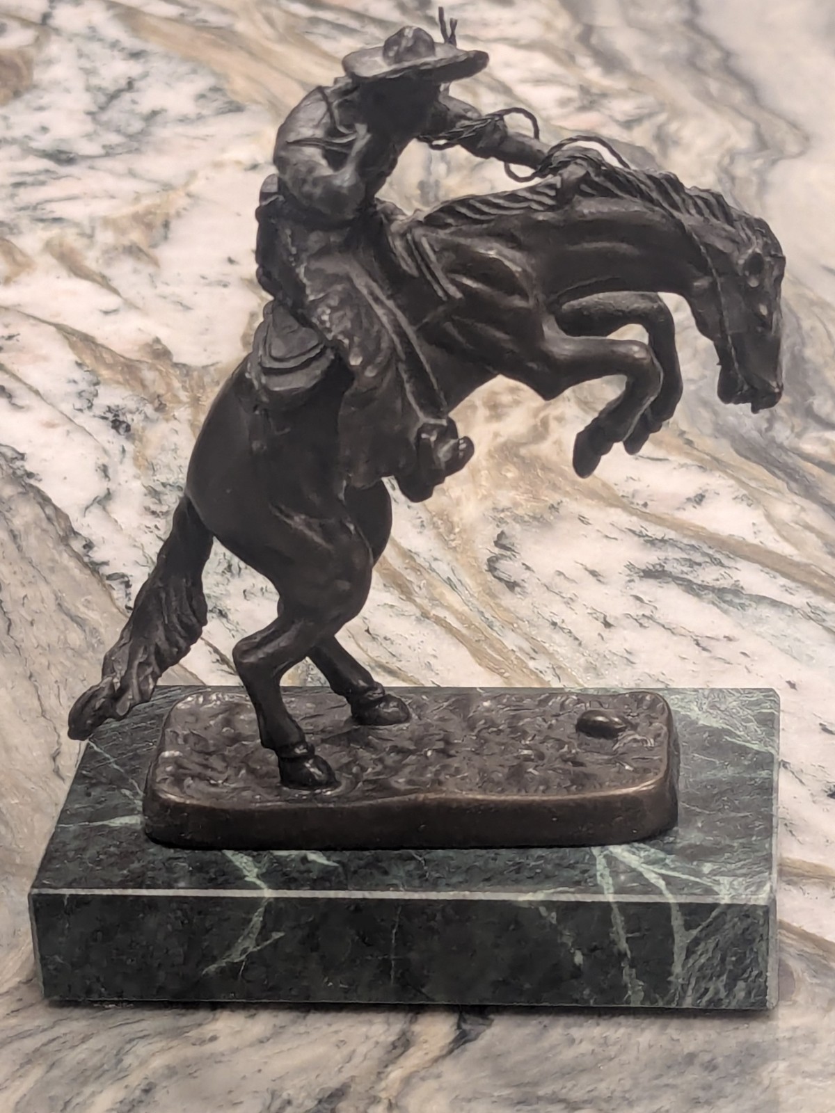 Andrea by Sadek Rearing Horse Cowboy Sculpture Marble Base 6” Bronze